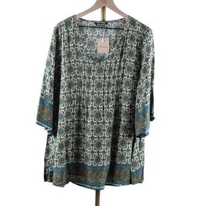 Bloomchic Plus Size Medallion Print V-Neck Tunic Blouse Teal Green US 18-20 NEW